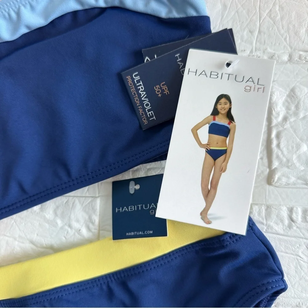 New Habitual Kids Blue, Red, and Yellow Two Piece Swimsuit Sz 12 Top 10 Bottoms